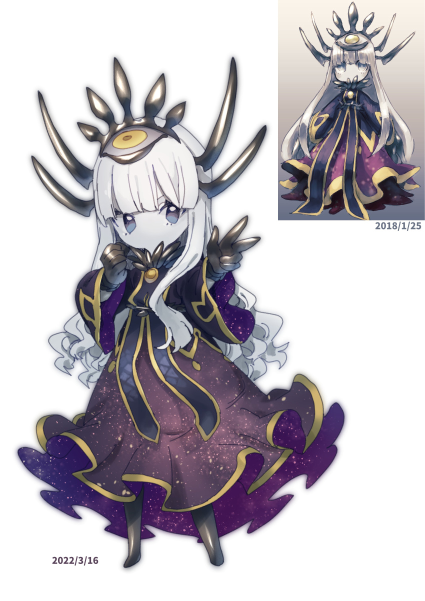 1girl absurdres blue_eyes child colored_skin dated dress hands_up highres horns long_hair looking_at_viewer mana_matitia_(okame_nin) multiple_horns no_feet no_mouth okame_nin original purple_dress redrawn reference_inset simple_background w white_background white_hair white_skin