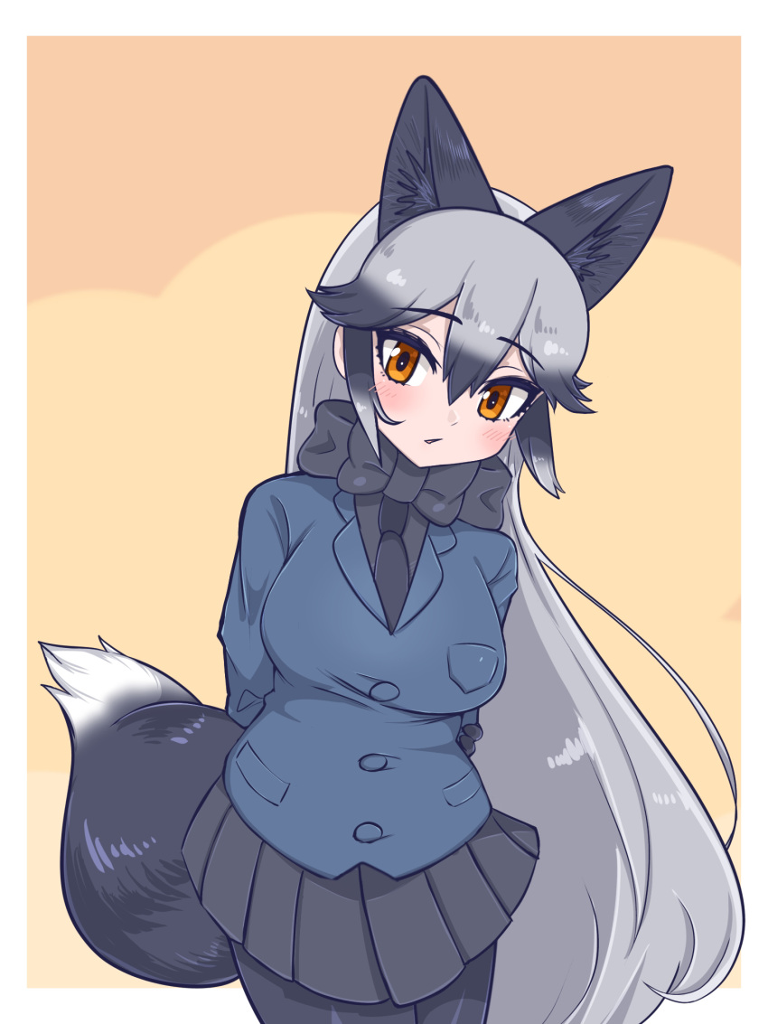 1girl animal_ears aramaru arms_behind_back bangs black_bow black_bowtie black_hair black_legwear black_necktie black_shirt black_skirt blazer blue_jacket bow bowtie brown_eyes commentary cowboy_shot extra_ears fox_ears fox_tail fur_collar gradient_hair grey_hair highres jacket kemono_friends leaning_forward long_hair long_sleeves looking_at_viewer miniskirt multicolored_hair necktie outside_border pantyhose parted_lips pleated_skirt shirt silver_fox_(kemono_friends) skirt solo standing tail very_long_hair yellow_background