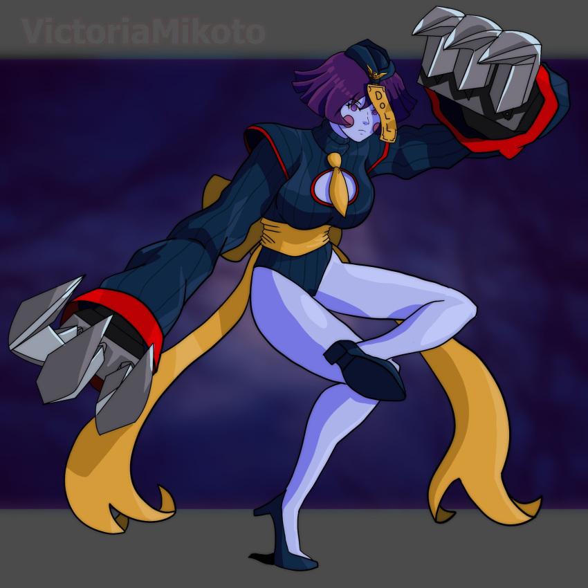 1girl blue_skin bodysuit capcom claws colored_skin corruption empty_eyes hat highres lei_lei leotard looking_at_viewer mind_control purple_hair ribbon shadaloo_dolls shoes simple_background street_fighter vampire_(game) violet_eyes zombie