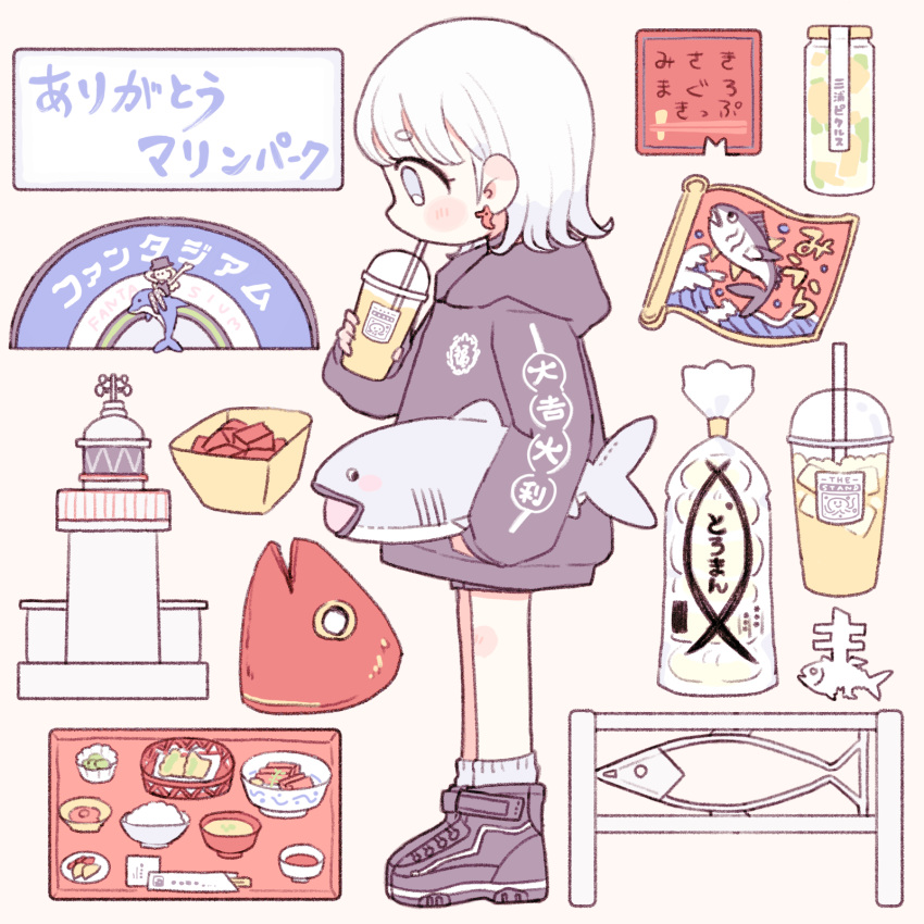 1girl bag bangs blue_eyes blush_stickers bowl building chopsticks clothes_writing cup disposable_cup dolphin drink drinking drinking_straw_in_mouth earrings fish_head flipped_hair food food_request highres holding holding_drink holding_stuffed_toy hood hoodie ice ice_cube jar jewelry label lighthouse long_sleeves original plastic_bag pochirou_(ponpoc) print_hoodie print_sleeves profile rice rice_bowl scroll shoes short_hair shorts sign sleeves_past_wrists sneakers socks solo stuffed_animal stuffed_shark stuffed_toy thick_eyebrows translation_request tray wagashi wasabi white_hair