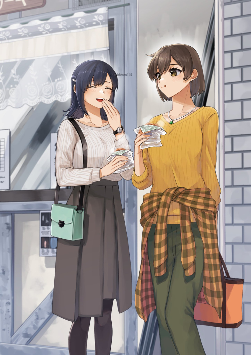 2girls bag bangs black_legwear blue_hair blush breasts brown_eyes brown_hair closed_eyes closed_mouth clothes_around_waist eating food food_on_face green_pants grey_skirt highres hiryuu_(kancolle) holding holding_food jewelry kantai_collection machi_(ritovoyage) multiple_girls necklace official_alternate_costume orange_sweater pants pantyhose ribbed_sweater short_hair skirt souryuu_(kancolle) sweater twitter_username watch white_sweater