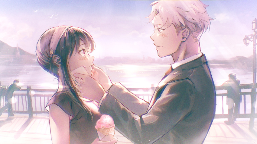 1boy 1girl blush collared_shirt food from_side gelato_(food) highres holding holding_food husband_and_wife jacket long_hair long_sleeves looking_at_viewer necktie nyan5000 red_necktie shirt short_hair short_sleeves sidelocks spy_x_family twilight_(spy_x_family) upper_body white_shirt wiping_mouth yor_briar