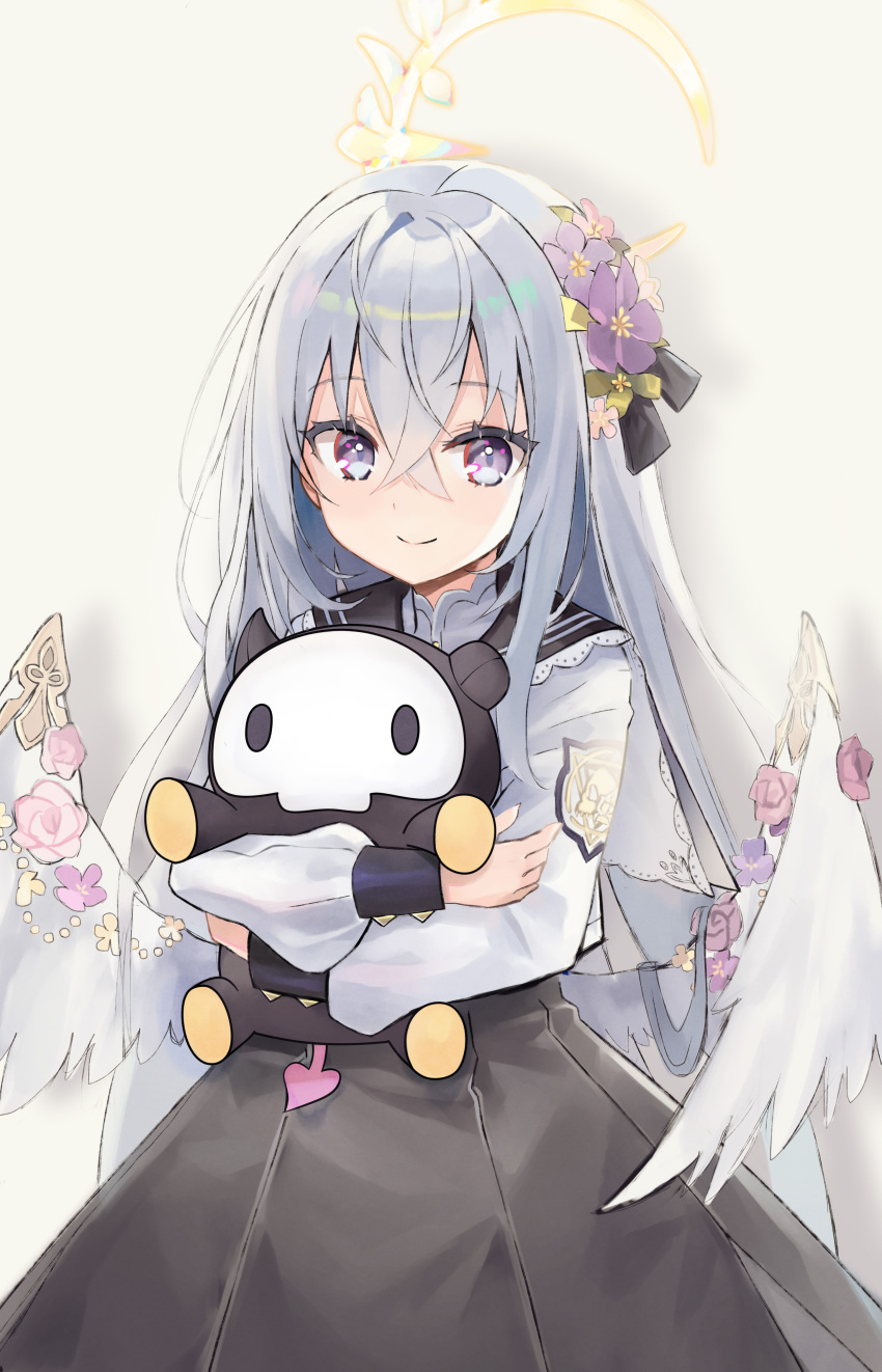 1girl absurdres azusa_(blue_archive) bangs blue_archive commentary_request doll_hug feathered_wings flower grey_hair hair_between_eyes hair_flower hair_ornament halo highres long_hair long_sleeves looking_at_viewer object_hug saibashi_(develop_komono) school_uniform serafuku sidelocks simple_background solo violet_eyes white_background white_wings wings