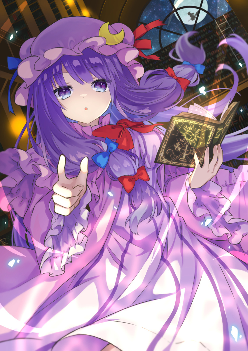 1girl ahase_hino blue_bow blue_ribbon book bookshelf bow bowtie check_commentary commentary_request cowboy_shot crescent crescent_hat_ornament dress frilled_sleeves frills hair_bow hat hat_ornament hat_ribbon highres holding holding_book kirisame_marisa library light long_hair looking_at_viewer magic mob_cap moon night night_sky open_book parted_lips patchouli_knowledge purple_hair red_bow red_ribbon ribbon robe silhouette sky solo star_(sky) striped striped_dress touhou very_long_hair violet_eyes wide_sleeves window