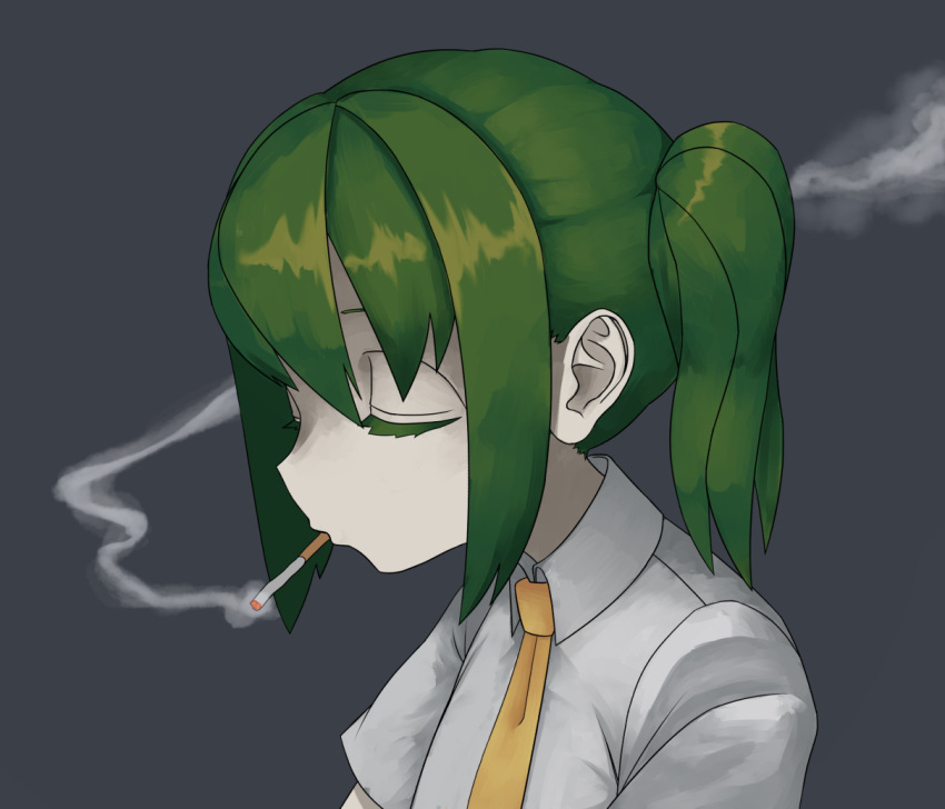 1girl bangs cigarette closed_eyes collared_shirt colored_skin commentary_request cookie_(touhou) daiyousei diyusi_(cookie) flat_chest green_hair grey_background necktie open_mouth shirt side_ponytail simple_background smoking solo surauta touhou upper_body white_shirt white_skin yellow_necktie