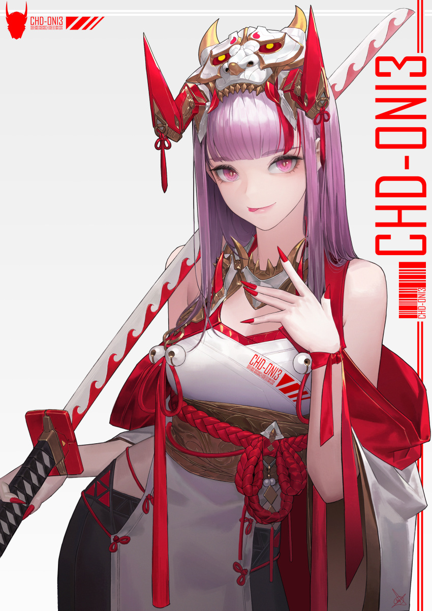 1girl absurdres bangs black_pants blunt_bangs breasts character_name closed_mouth commentary cowboy_shot daeho_cha dated_commentary detached_sleeves eyebrows_behind_hair fingernails grey_background highres holding_katana horns japanese_clothes kimono leaning_to_the_side licking_lips long_hair looking_at_viewer medium_breasts nail_polish original over_shoulder pants pink_eyes pink_hair red_horns red_nails red_ribbon ribbon sash signature smile solo sword sword_over_shoulder tassel tongue tongue_out weapon weapon_over_shoulder white_headwear white_kimono wide_sleeves wrist_ribbon