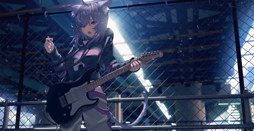 1girl absurdres ahoge animal_ear_fluff animal_ears bangs black_hoodie blurry blurry_background cat_ears cat_girl cat_tail chain-link_fence fence highres holding holding_instrument holding_plectrum hololive hood hoodie indoors instrument long_sleeves medium_hair nekomata_okayu onigiri_print open_mouth pants plectrum purple_hair solo susukawa_(susucawa) tail violet_eyes virtual_youtuber white_pants