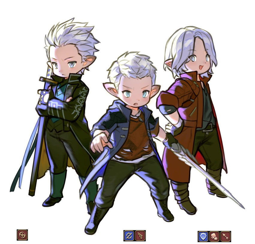 3boys alternate_universe blue_eyes blue_jacket boots brothers dante_(devil_may_cry) devil_may_cry_(series) devil_may_cry_5 father_and_son final_fantasy final_fantasy_xiv fingerless_gloves gloves hand_on_hip jacket lalafell multiple_boys nero_(devil_may_cry) pointy_ears red_jacket red_queen_(sword) siblings simple_background smile spiky_hair sword vergil_(devil_may_cry) weapon white_hair wuliu_heihuo yamato_(sword)