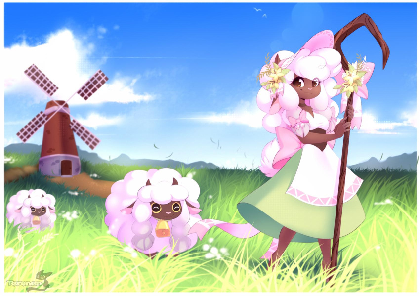 1girl :3 ^_^ animal animal_ears animal_nose apron artist_name back_bow barefoot bell blue_sky bonnet border bow braid breasts brown_eyes brown_horns closed_eyes closed_mouth clouds commentary cowbell dark-skinned_female dark_skin day english_commentary flower full_body furry furry_female grass green_skirt hair_flower hair_ornament hands_up happy highres holding holding_staff horizontal_pupils horns long_hair looking_at_viewer neck_bell outdoors personification pink_bow pink_headwear pokemon pokemon_(creature) puffy_short_sleeves puffy_sleeves sheep sheep_ears sheep_girl sheep_horns sheep_tail shepherd shepherd's_crook shirt short_sleeves sidelocks sideways_mouth skirt sky small_breasts smile solo staff standing tail teranen twin_braids waist_apron watermark white_apron white_border white_hair white_shirt windmill wooloo yellow_flower