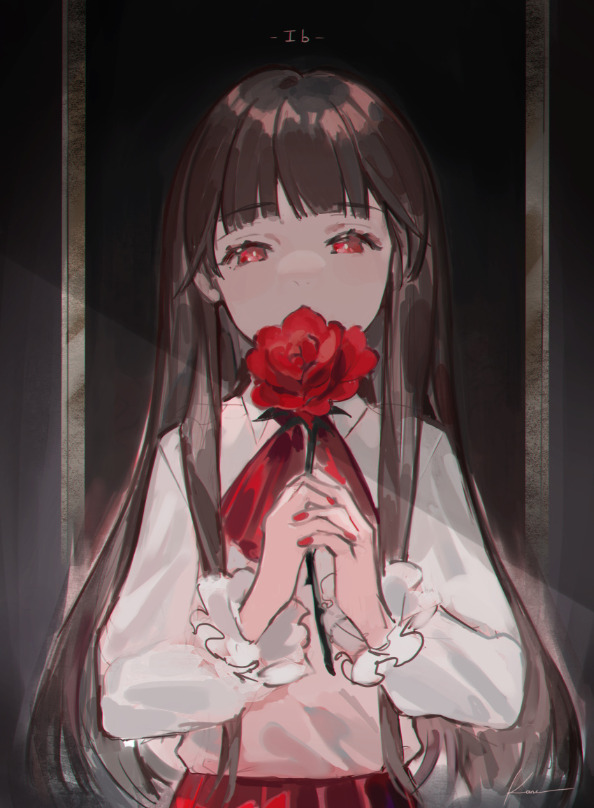 1girl absurdres bangs blunt_bangs brown_hair character_name collared_shirt copyright_name english_commentary flower frilled_sleeves frills highres holding holding_flower ib ib_(ib) kaneblob long_hair long_sleeves looking_at_viewer nail_polish picture_frame red_eyes red_flower red_nails red_rose rose shirt signature solo steepled_fingers upper_body white_shirt