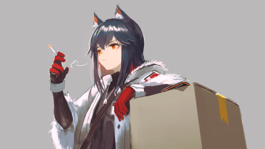 1girl animal_ear_fluff animal_ears arknights arm_rest bangs black_hair black_shirt box cardboard_box cigarette closed_mouth colored_inner_hair commentary_request fur_trim gloves grey_background hair_between_eyes hara_shoutarou highres holding holding_cigarette id_card jacket jewelry long_hair long_sleeves multicolored_hair name_tag necklace official_alternate_costume open_clothes orange_eyes red_gloves redhead shirt shoulder_strap simple_background smoking solo texas_(arknights) texas_(winter_messenger)_(arknights) turtleneck two-tone_hair upper_body white_jacket wolf_ears wrist_cuffs