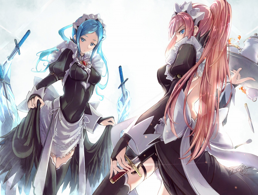 2girls apron blue_eyes blue_hair clear_glass_(mildmild1311) clothes_lift cup elbow_gloves felicia_(fire_emblem) fire_emblem fire_emblem_fates flora_(fire_emblem) glaring gloves highres holding holding_tray holding_weapon knife looking_at_viewer maid maid_apron maid_headdress multiple_girls pink_hair ponytail skirt skirt_lift teacup teapot thigh-highs tray twintails weapon