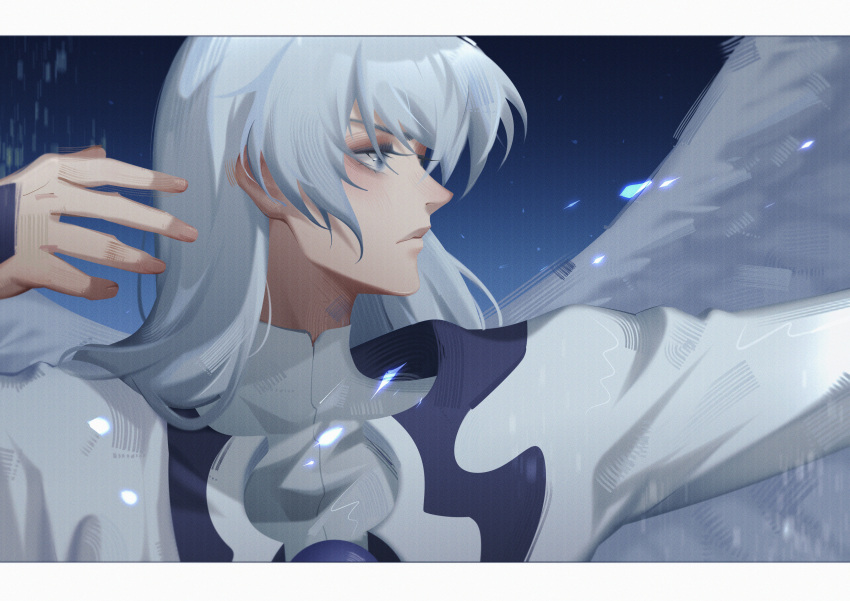 1boy absurdres bangs blue_hair blush cardcaptor_sakura expressionless feathered_wings from_side grey_hair hand_up high_collar highres long_hair looking_ahead momoju163 outstretched_arm profile robe solo thick_eyebrows v-shaped_eyebrows wings yue_(ccs)