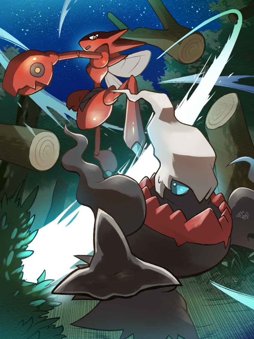 blue_eyes commentary_request darkrai forest from_below hakkentai_pokedan highres nature night no_humans outdoors pokemon pokemon_(creature) scizor sky star_(sky)