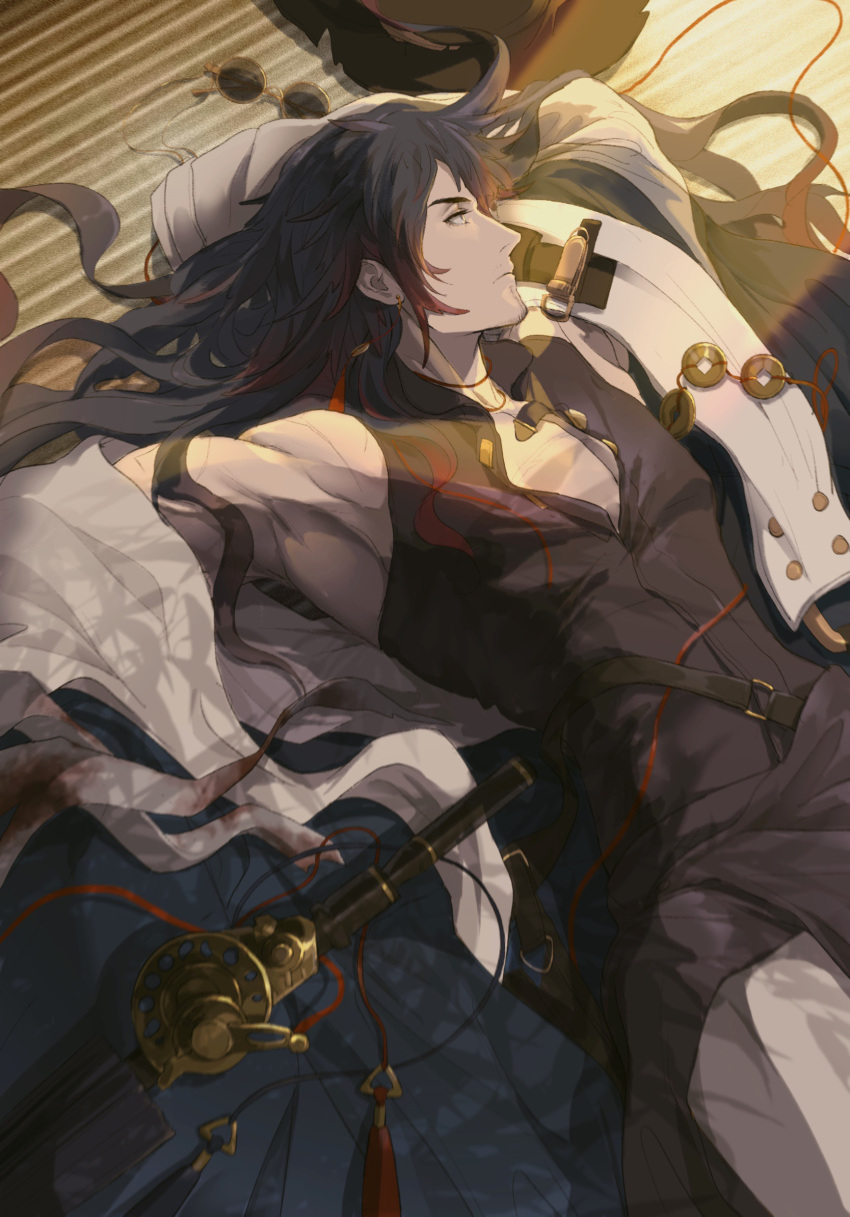 1boy arknights dark_blue_hair feet_out_of_frame highres long_hair looking_to_the_side lying male_focus mr._nothing_(arknights) multicolored_hair on_back open_clothes pectorals redhead rencanzaoganshiwusuo scar scar_on_arm sitting solo sunglasses sunlight toned toned_male two-tone_hair