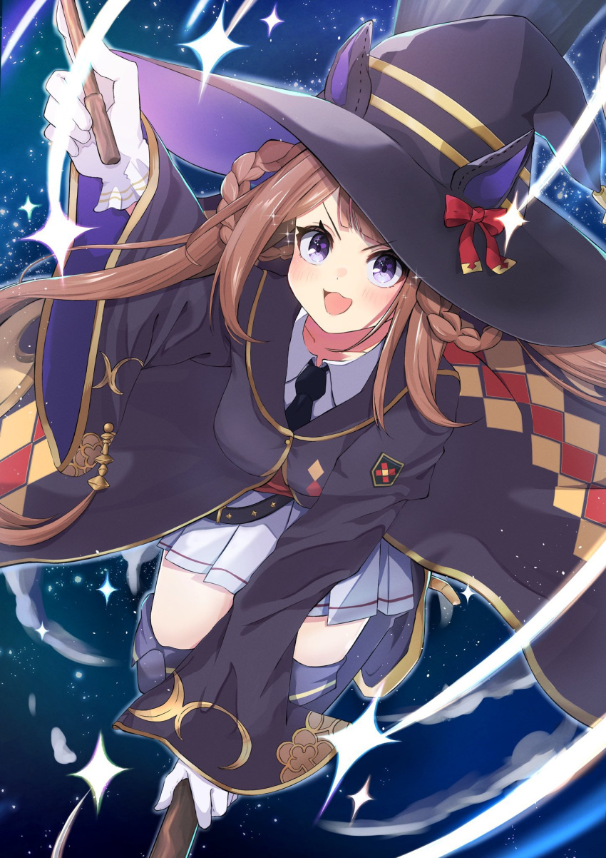 1girl :3 animal_ears black_necktie black_robe boots braid broom broom_riding brown_hair collared_shirt gloves hat highres horse_ears horse_girl kimukichi_0224 long_hair necktie night open_mouth outdoors purple_footwear red_ribbon ribbon robe shirt skirt solo star_(sky) star_(symbol) sweep_tosho_(umamusume) twintails umamusume v-shaped_eyebrows violet_eyes white_gloves white_shirt white_skirt witch witch_hat