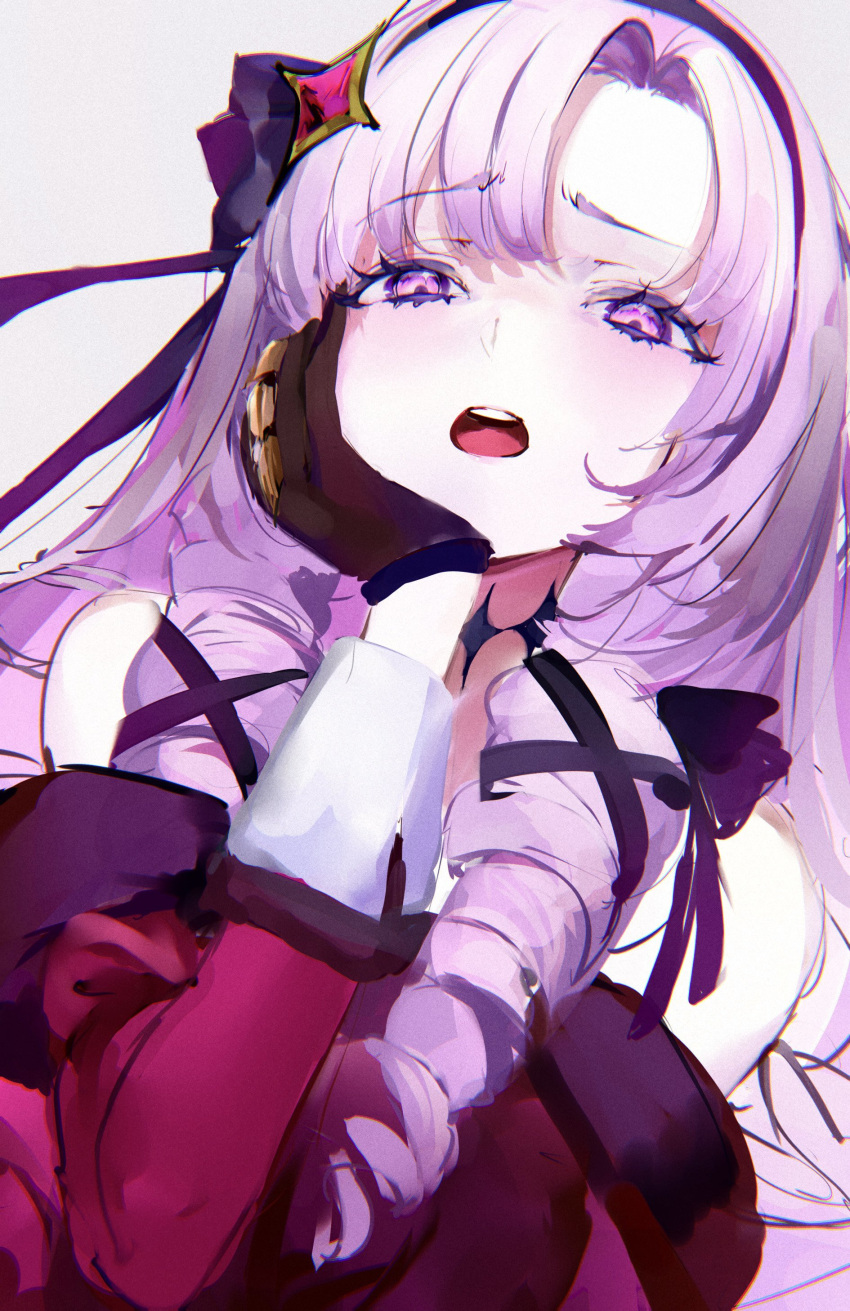 1girl absurdres bare_shoulders blush bow brown_gloves dress drill_hair gloves hair_bow hand_on_own_cheek hand_on_own_face highres hyakumantenbara_salome long_hair long_sleeves looking_at_viewer makeup mascara mile_(off8mile) nijisanji open_mouth purple_hair red_dress simple_background solo upper_body violet_eyes white_background