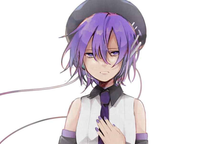 1girl absurdres bare_shoulders beret black_headwear black_sleeves clenched_teeth detached_sleeves half-closed_eyes hand_on_own_chest hat headphones headset highres looking_up oyama0_43 parted_lips portrait purple_hair purple_nails shaded_face shirt short_hair simple_background sleeveless sleeveless_shirt solo teeth upper_body utane_uta utau violet_eyes white_background white_shirt