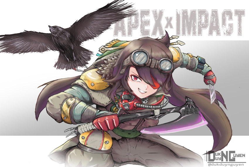 1girl allegra_clark apex_legends armor axe beidou_(genshin_impact) bloodhound_(apex_legends) bloodhound_(apex_legends)_(cosplay) brown_hair brown_jacket brown_pants cosplay crown floating_hair genshin_impact gloves goggles goggles_on_head highres holding holding_axe holding_knife jacket knee_pads knife leaning_forward long_hair pants parted_lips raven's_bite red_gloves shoulder_armor smile solo twitter_username uncleduk voice_actor_connection