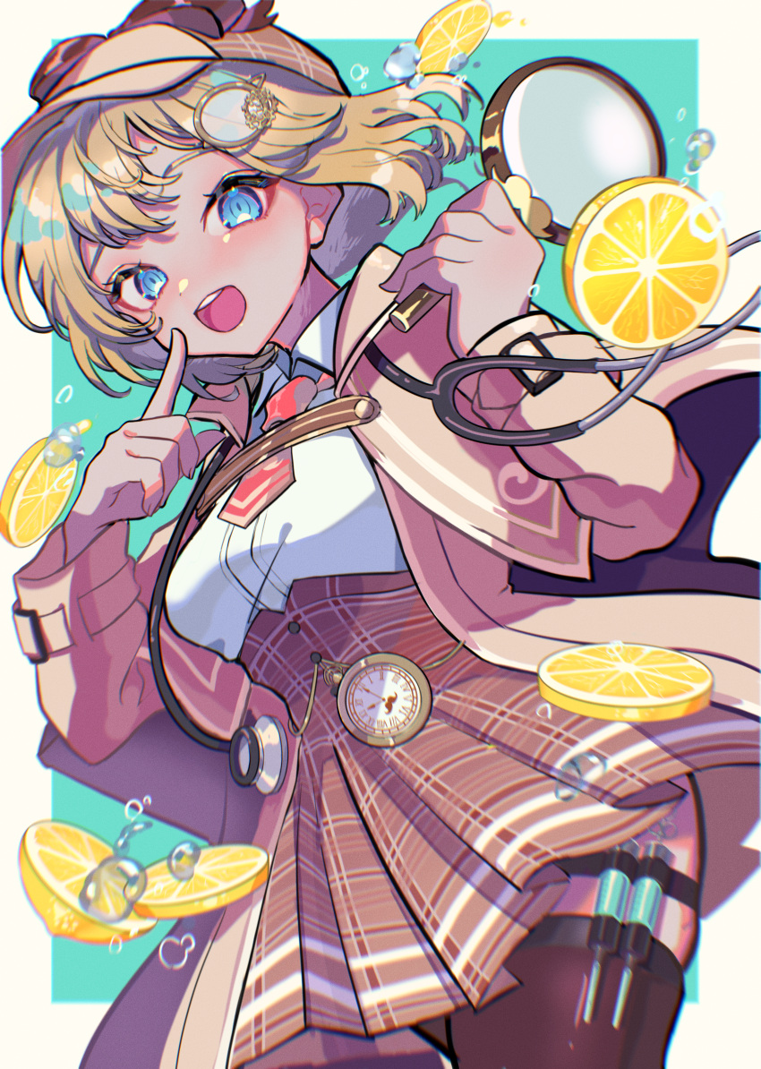 absurdres aqua_background blonde_hair blue_eyes border breasts detective dutch_angle food fruit hair_ornament haru4aki hat highres holding holding_magnifying_glass hololive hololive_english lemon lemon_slice magnifying_glass medium_breasts necktie open_mouth plaid plaid_skirt pleated_skirt pocket_watch red_necktie skindentation skirt smile stethoscope syringe thigh-highs virtual_youtuber watch water watson_amelia white_border zettai_ryouiki
