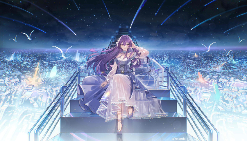 1girl absurdres bare_shoulders bird cityscape collarbone dress flower hair_flower hair_ornament halter_dress halterneck hand_in_own_hair high_heels highres long_hair long_sleeves looking_at_viewer meteor meteor_shower mo_qingxian night night_sky outdoors purple_footwear purple_hair scenery shoes sitting sitting_on_stairs sky smile solo stairs star_(sky) starry_sky violet_eyes vocaloid vsinger yolanda