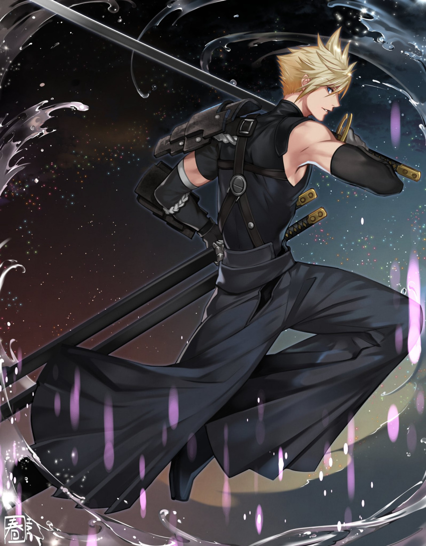 1boy arm_guards armor blonde_hair cloud_strife elbow_gloves final_fantasy final_fantasy_vii final_fantasy_vii_ever_crisis gloves hakama hakama_pants halutica highres japanese_clothes katana looking_at_viewer male_focus official_alternate_costume pants shoulder_armor single_shoulder_pad smile solo spiky_hair sword weapon