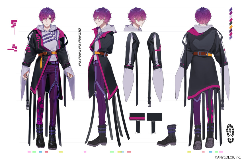 1boy black_footwear black_nails character_sheet full_body heterochromia kiki_(re_6xxx) long_sleeves looking_at_viewer male_focus mole mole_on_neck nail_polish nijisanji nijisanji_en official_art orange_belt pants purple_pants uki_violeta violet_eyes virtual_youtuber wavy_hair