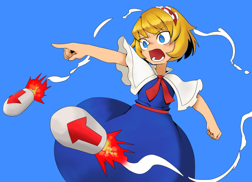 1girl algodoo alice_margatroid arrow_(symbol) ascot bangs blonde_hair blue_background blue_dress blue_eyes bright_pupils capelet commentary_request cookie_(touhou) dress feet_out_of_frame flat_chest hairband ichigo_(cookie) missile open_mouth pointing pointing_forward red_ascot red_hairband red_sash sash short_hair simple_background solo surauta touhou white_capelet white_pupils