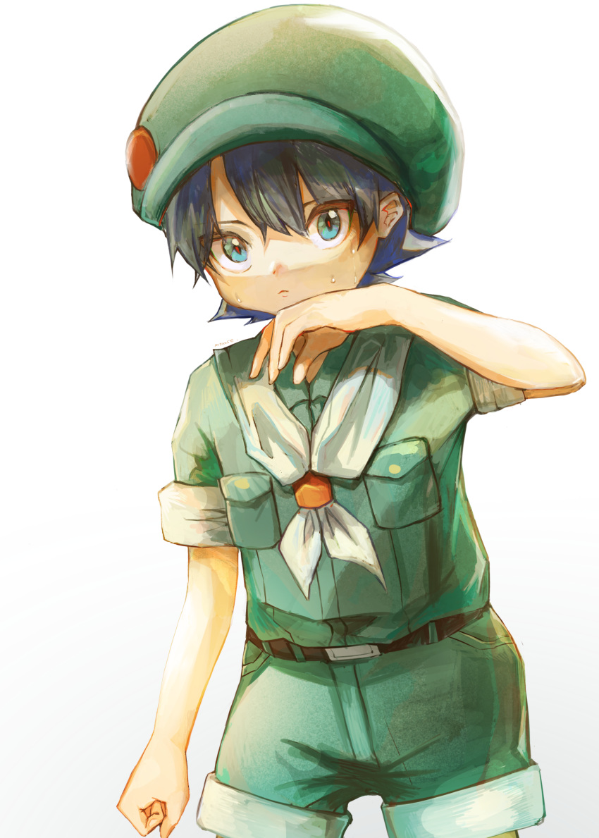 1boy absurdres belt black_hair blue_eyes camper_(pokemon) child clenched_hand green_headwear green_shirt green_shorts hand_up hat highres looking_at_viewer monose neckerchief pocket pokemon pokemon_(game) pokemon_bdsp shirt short_hair shorts simple_background solo standing sweat white_background