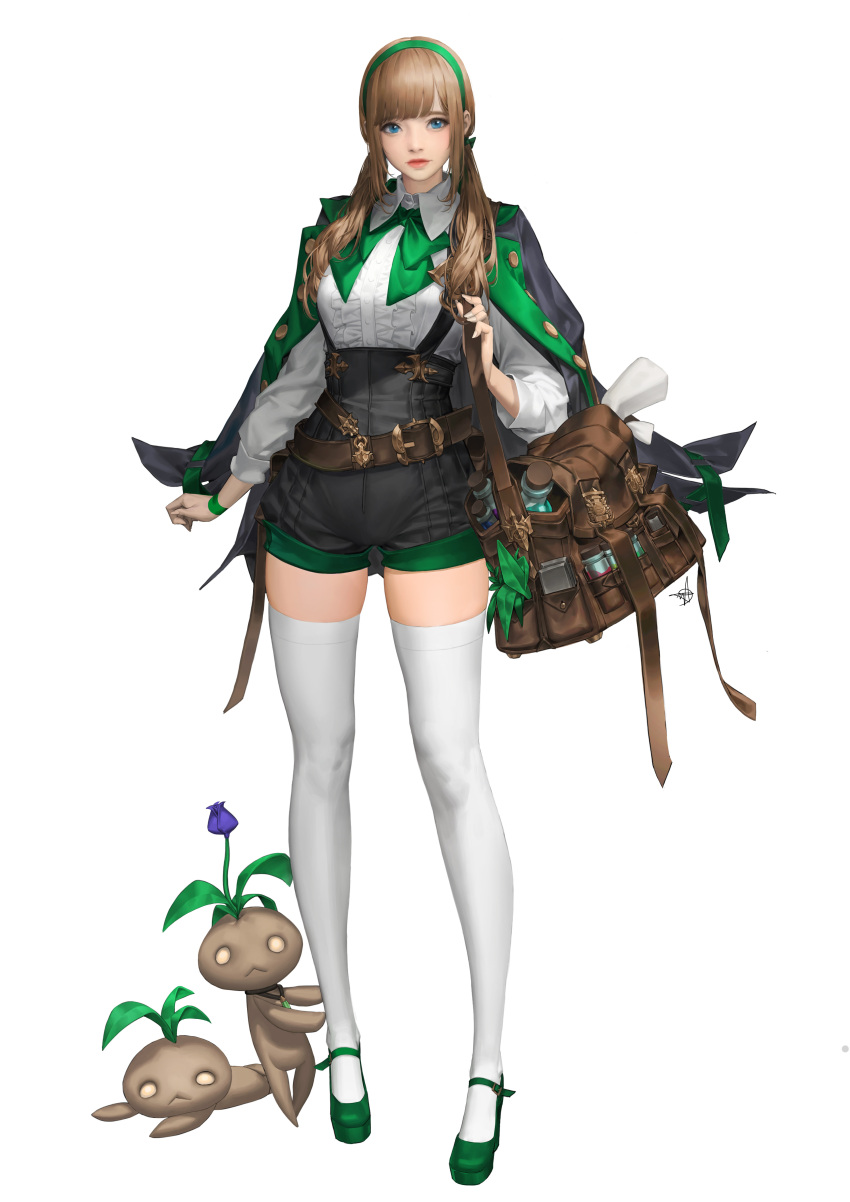 1girl absurdres bag bangs belt black_jacket black_shorts blue_eyes bow bowtie breasts brown_bag brown_belt brown_hair closed_mouth collared_shirt daeho_cha fingernails flower full_body green_bow green_bowtie green_footwear green_hairband hairband high-waist_shorts high_heels highres jacket jacket_on_shoulders leaf long_hair long_sleeves looking_at_viewer medium_breasts oceans&amp;empires official_art parted_bangs purple_flower red_lips shirt shorts signature simple_background solo standing suspender_shorts suspenders thigh-highs twintails white_background white_legwear white_shirt zettai_ryouiki