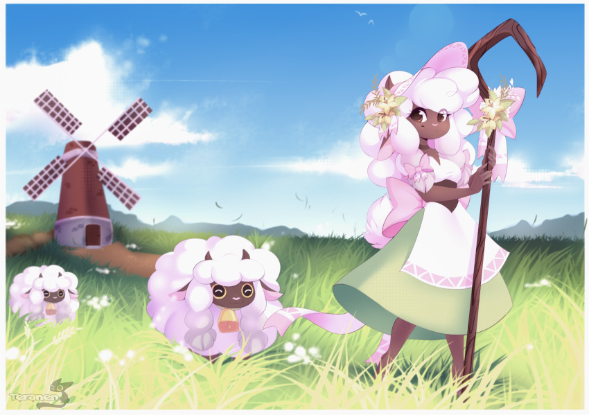1girl :3 ^_^ animal animal_ears animal_nose apron artist_name back_bow barefoot bell blue_sky bonnet border bow braid breasts brown_eyes brown_horns closed_eyes closed_mouth clouds commentary cowbell dark-skinned_female dark_skin day english_commentary flower full_body furry furry_female grass green_skirt hair_flower hair_ornament hands_up happy highres holding holding_staff horizontal_pupils horns long_hair looking_at_viewer neck_bell outdoors personification pink_bow pink_headwear pokemon pokemon_(creature) puffy_short_sleeves puffy_sleeves revision sheep sheep_ears sheep_girl sheep_horns sheep_tail shepherd shepherd's_crook shirt short_sleeves sidelocks sideways_mouth skirt sky small_breasts smile solo staff standing tail teranen twin_braids waist_apron watermark white_apron white_border white_hair white_shirt windmill wooloo yellow_flower