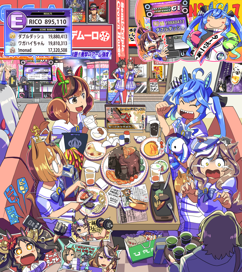 absurdres ahoge animal_ears blue_hair brown_eyes brown_hair burger cabbie_hat character_doll character_request check_commentary closed_eyes commentary_request ear_covers ears_through_headwear food hamburger_steak hat highres horse_ears horse_girl horse_tail ikuno_dictus_(umamusume) long_hair matikane_tannhauser_(umamusume) medium_hair multicolored_hair multiple_girls nice_nature_(umamusume) oguri_cap_(umamusume) restaurant round_eyewear sakazaki_freddy school_uniform sharp_teeth streaked_hair table tail teeth tokai_teio_(umamusume) tracen_school_uniform translation_request twin_turbo_(umamusume) twintails umamusume yellow_eyes