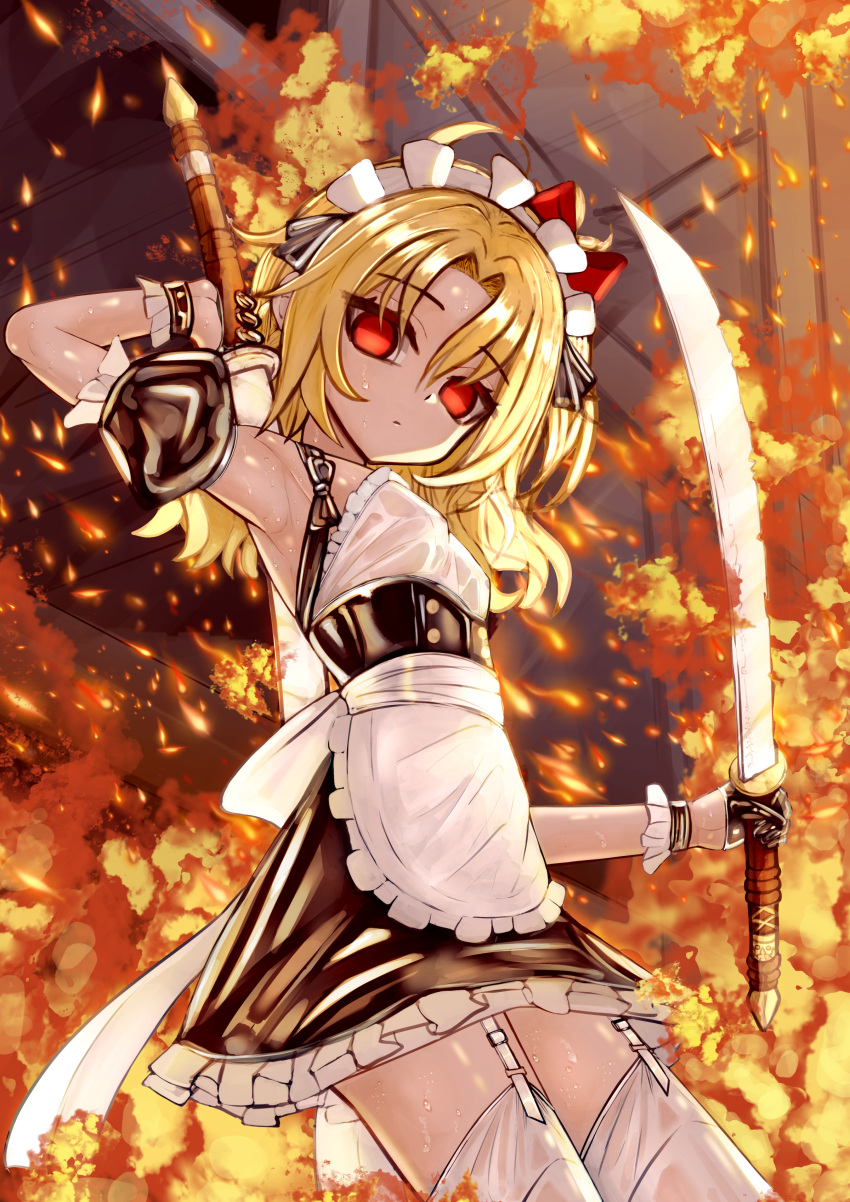 1girl armpits blonde_hair burning closed_mouth fire from_above gloves holding_weapon looking_at_viewer maid maid_dress maid_headdress original red_eyes ribbon short_hair solo sweat sweating_profusely sword