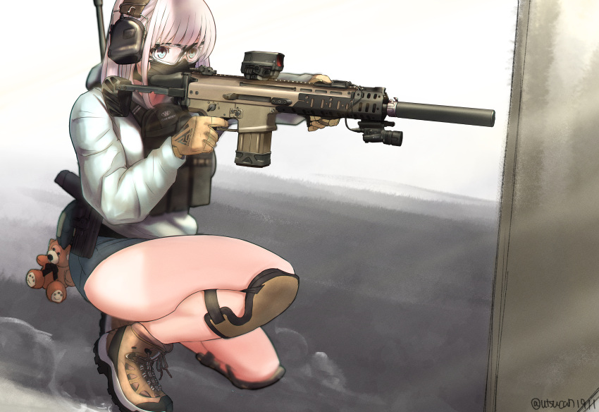 1girl absurdres aiming airsoft assault_rifle fn_scar gloves goggles gun headset highres holding holding_gun holding_weapon hood hoodie knee_pads mask one_knee original pink_hair rifle short_shorts shorts solo stuffed_animal stuffed_toy suppressor teddy_bear utsucan weapon