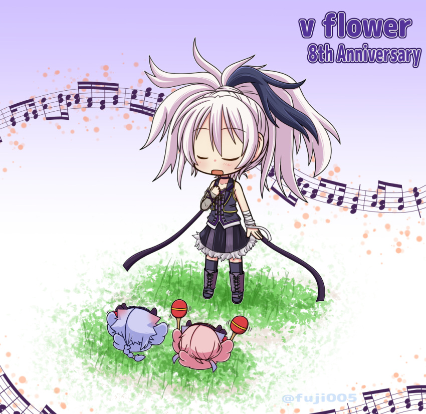 1girl 2others bandaged_arm bandages beamed_eighth_notes beamed_sixteenth_notes blue_hair blush braid chibi closed_eyes colored_tips commentary creature flower_(vocaloid) frilled_skirt frills fujimiya_takatsu full_body hairband holding_maracas horns instrument long_hair maracas meika_hime meika_mikoto multicolored_hair multiple_others music musical_note open_mouth pink_hair ponytail purple_hair purple_shirt purple_skirt purple_vest quarter_note shirt singing skirt sleeveless sleeveless_shirt staff_(music) standing streaked_hair twitter_username two-tone_hair vest vocaloid white_hair