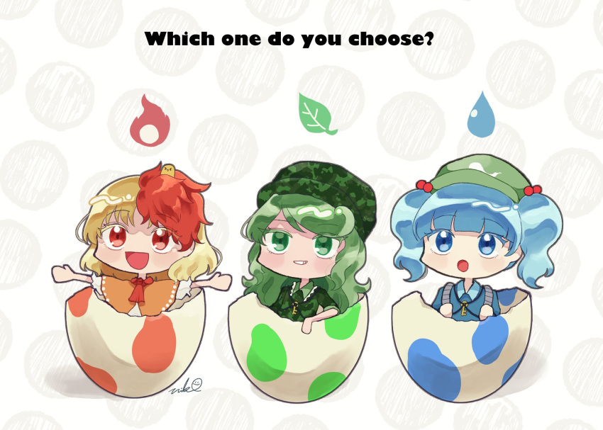 3girls :d :o animal_on_head bangs bird bird_on_head blonde_hair blue_hair blunt_bangs camouflage camouflage_headwear chick egg english_text fire flat_cap geminico green_headwear grin hair_bobbles hair_ornament hat hatch highres kawashiro_nitori key leaf multicolored_hair multiple_girls niwatari_kutaka on_head open_mouth pokemon redhead short_hair signature simple_background smile starter_pokemon_trio touhou two-tone_hair two_side_up water_drop white_background yamashiro_takane