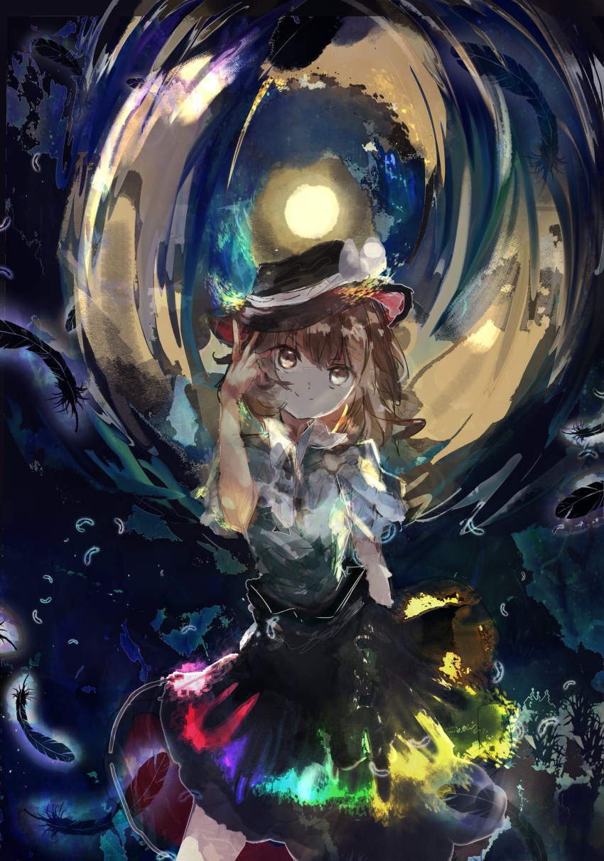 1girl bangs black_headwear black_skirt bow brown_eyes brown_hair collared_shirt commentary_request cowboy_shot feathers fedora hand_up hat hat_bow highres looking_at_viewer medium_hair moon rainbow_gradient shirt short_sleeves skirt smile solo touhou usami_renko uwazumi white_bow white_shirt