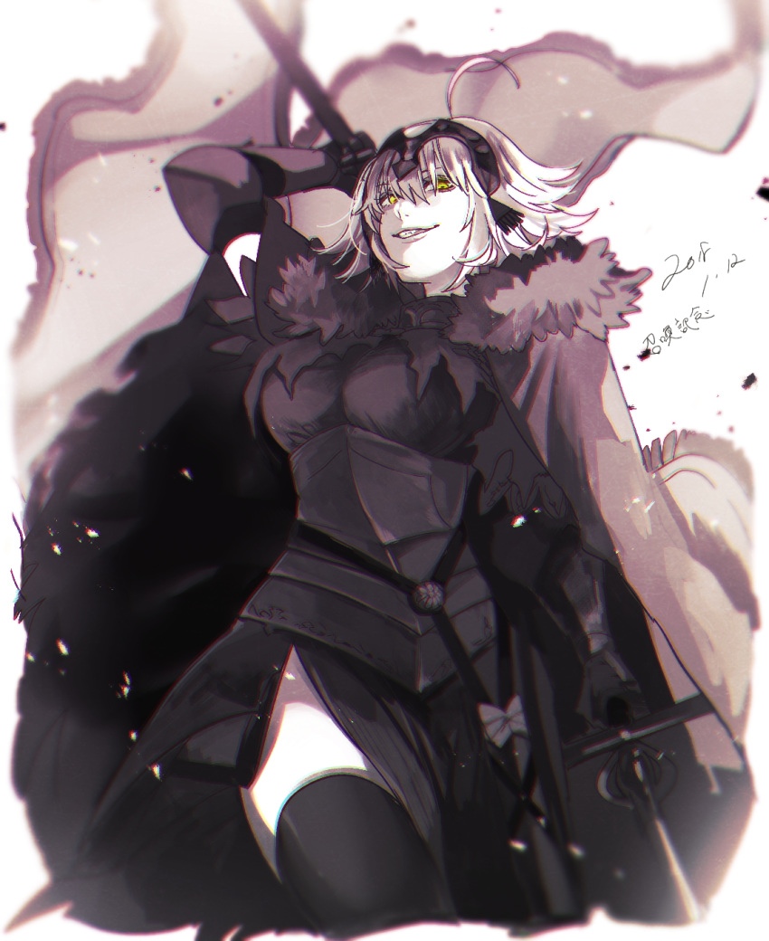 1girl ahoge armor armored_dress bangs black_legwear breasts cloak eyebrows_behind_hair fate/grand_order fate_(series) flag hair_between_eyes headpiece highres holding holding_flag holding_weapon jeanne_d'arc_alter_(avenger)_(fate) jeanne_d'arc_alter_(fate) looking_at_viewer looking_down ryousuke_(tukr5384) short_hair smile solo thigh-highs weapon white_hair