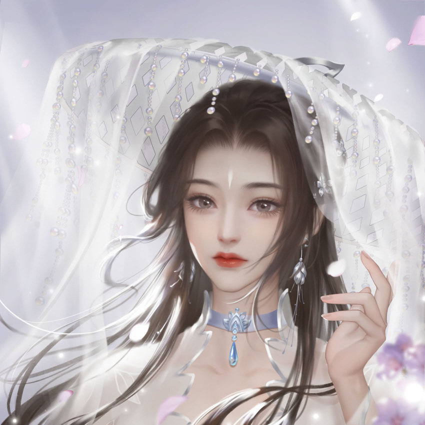 1girl beads blurry blurry_background brown_hair choker closed_mouth earrings face facial_mark falling_petals flower forehead_mark grey_background hat highres jewelry lu_xueqi_(zhu_xian) lu_xueqi_tongren_ye petals solo straw_hat upper_body zhu_xian