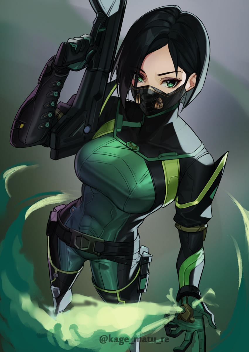 1girl absurdres belt black_hair bob_cut bodysuit breasts covered_mouth gloves green_bodysuit green_eyes green_gloves gun hand_up highres holding holding_gun holding_weapon kagematsuri large_breasts looking_at_viewer mask medium_hair smoke solo thigh-highs valorant viper_(valorant) weapon