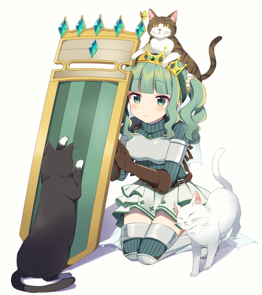 1girl animal_on_head aqua_gemstone armor armored_legwear bangs belt black_cat blunt_bangs blush breastplate brown_belt brown_cat brown_gloves bug butterfly cat closed_eyes crown elbow_gloves frilled_skirt frills fujishiro_emyu futaba_sana gem gloves green_eyes green_gemstone green_hair green_sweater hair_bobbles hair_ornament highres jewelry looking_at_animal magia_record:_mahou_shoujo_madoka_magica_gaiden magical_girl mahou_shoujo_madoka_magica multiple_cats necklace nuzzle on_head ribbed_legwear ribbed_sweater scratching shield sidelocks simple_background sitting skirt smile solo sweater thigh-highs turtleneck turtleneck_sweater twintails veil wariza wavy_hair white_background white_cat white_skirt yellow_butterfly zettai_ryouiki