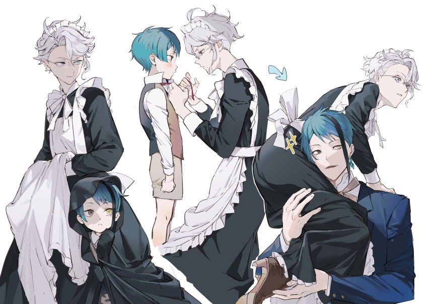 2boys absurdres ahoge alternate_costume apron apron_hold arrow_(symbol) azul_ashengrotto bangs black_cloak black_dress black_hair blue_hair bow bowtie brown_eyes brown_footwear carrying_over_shoulder child cloak collared_shirt crossdressing dress dressing_another earrings enmaided face-to-face frilled_apron frills glasses grey_hair hand_on_another's_leg heterochromia high_heels highres hyakutennnn jade_leech jewelry kneeling long_sleeves looking_at_another looking_away looking_down looking_to_the_side maid maid_apron maid_headdress male_child male_focus mole mole_under_mouth multicolored_hair multiple_boys multiple_views neck_ribbon parted_lips popped_collar profile red_ribbon ribbon shirt shoe_soles short_hair shorts sidelocks sideways_glance simple_background smile standing streaked_hair twisted_wonderland tying under_skirt vest white_apron white_background white_bow white_bowtie white_shirt yellow_eyes younger