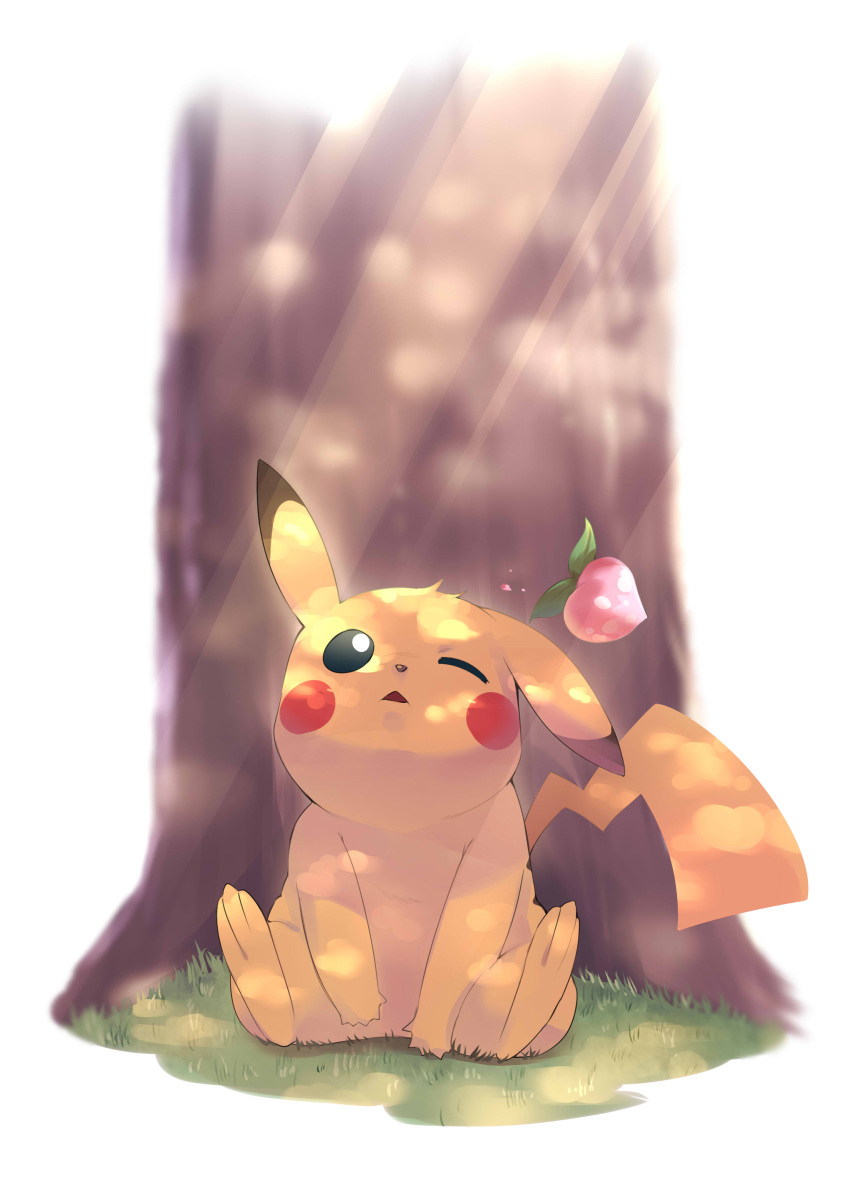 absurdres berry_(pokemon) black_eyes blurry commentary_request grass highres looking_up no_humans one_eye_closed onsen_mikan pikachu pokemon pokemon_(creature) sitting solo tree