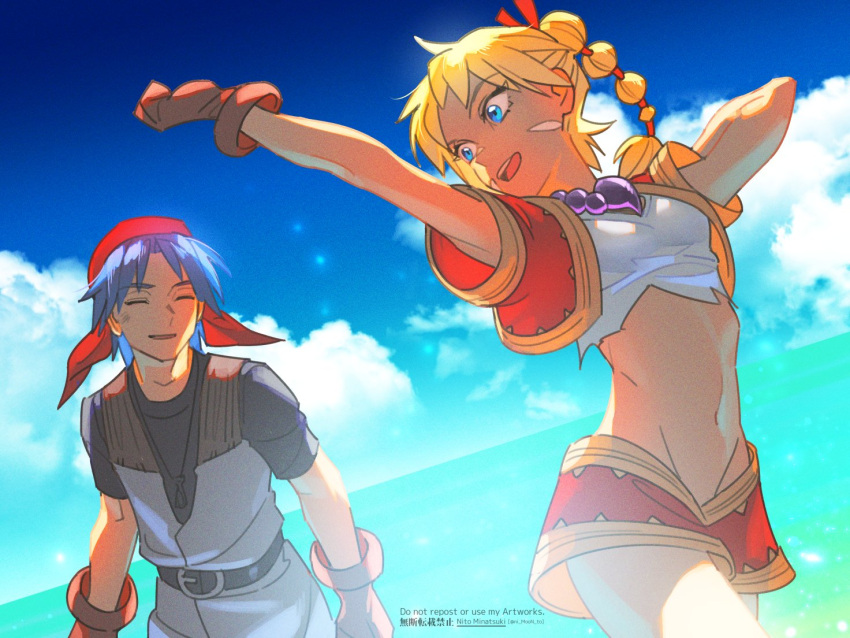 1boy 1girl armor bandana bangs belt black_shirt blonde_hair blue_eyes blue_hair breasts chainmail chrono_cross closed_eyes clouds cloudy_sky cropped_jacket facial_mark gloves jacket jewelry kid_(chrono_cross) midriff miniskirt multi-tied_hair navel necklace nito_minatsuki ocean open_mouth parted_bangs pendant ponytail red_bandana red_jacket red_skirt serge_(chrono_cross) shirt short_sleeves skirt sky small_breasts smile stretch t-shirt teeth upper_body upper_teeth white_shirt