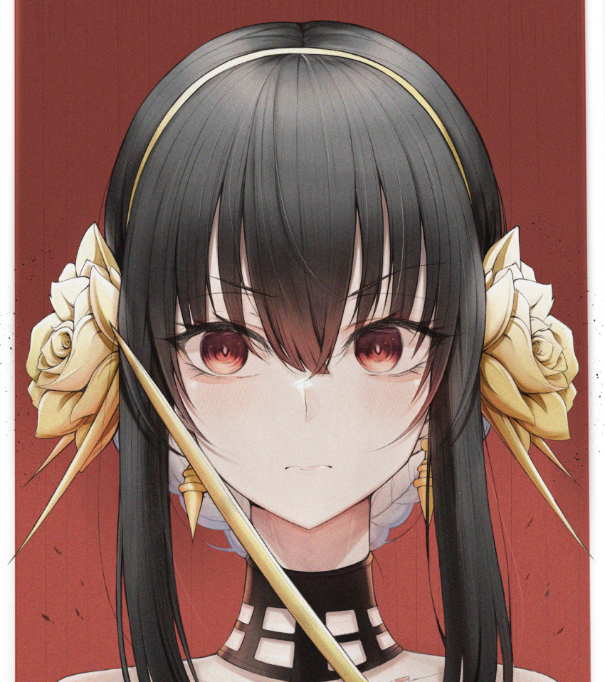 1girl bangs black_choker black_hair border choker closed_mouth earrings flower hair_between_eyes hair_flower hair_ornament hairband highres jewelry looking_at_viewer lorian_(ahrs3558) pillarboxed portrait red_background red_eyes short_hair_with_long_locks sidelocks solo spy_x_family white_border yellow_flower yellow_hairband yor_briar