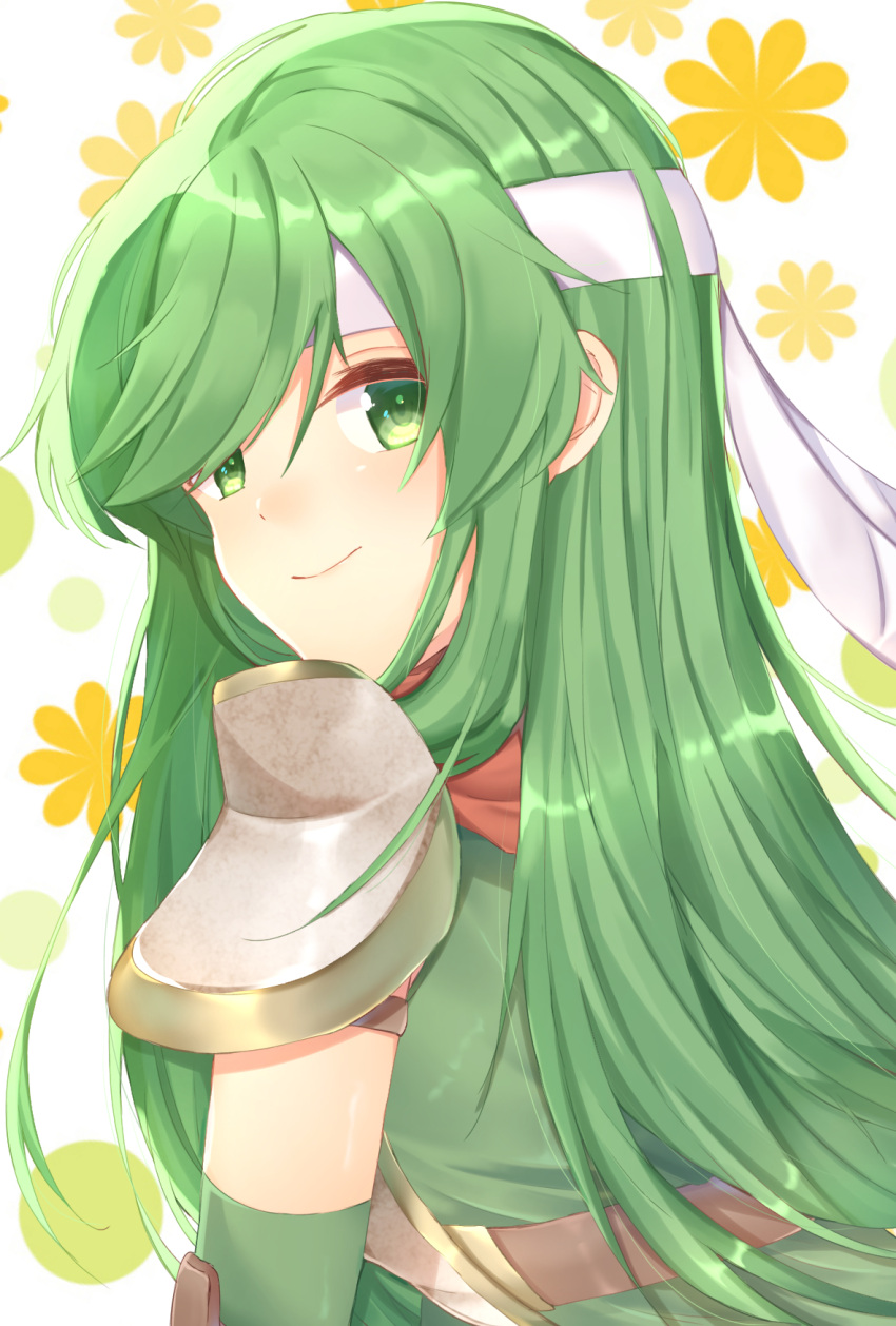 1girl armor bangs closed_mouth edamameoka fire_emblem fire_emblem:_mystery_of_the_emblem floral_background green_eyes green_hair headband highres long_hair looking_at_viewer looking_back palla_(fire_emblem) shoulder_armor smile solo swept_bangs upper_body white_headband