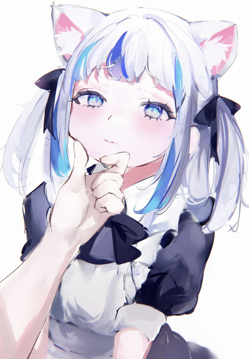 1girl 1other absurdres animal_ears apron black_bow black_bowtie black_dress blue_eyes blue_hair blush bow bowtie cat_ears closed_mouth dress gawr_gura grabbing_another's_chin hand_on_another's_chin highres hololive hololive_english looking_at_viewer maid medium_hair mile_(off8mile) multicolored_hair puffy_short_sleeves puffy_sleeves short_sleeves solo_focus streaked_hair twintails white_apron white_hair