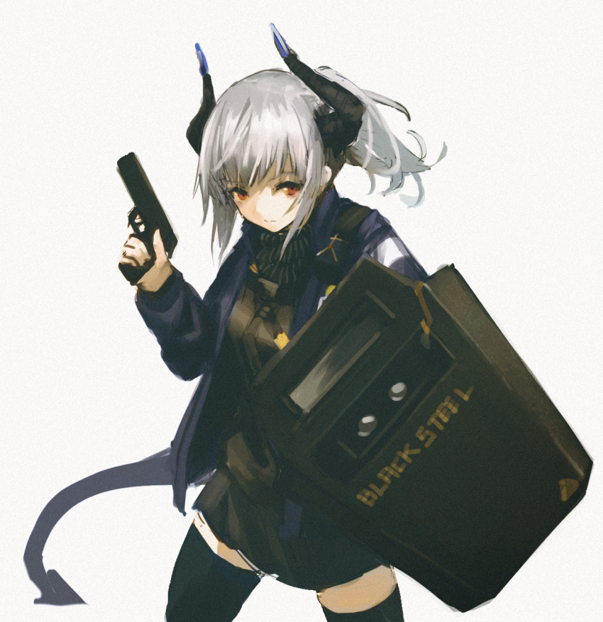 1girl arknights bangs black_legwear black_shirt black_skirt blue_jacket commentary_request cowboy_shot dragon_horns dragon_tail expressionless grey_hair gun handgun hara_shoutarou highres holding holding_gun holding_shield holding_weapon horns jacket liskarm_(arknights) long_hair long_sleeves looking_at_viewer miniskirt open_clothes open_jacket pistol pleated_skirt ponytail red_eyes shield shirt simple_background skirt solo standing tail thigh-highs weapon white_background