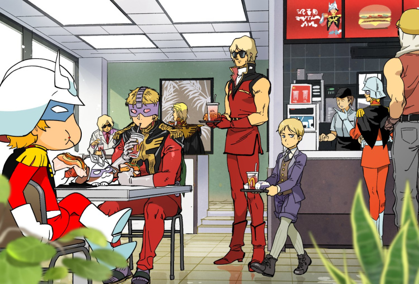 1girl 6+girls blonde_hair blue_eyes burger casval_rem_deikun cat char's_counterattack char_aznable character_request chibi commentary_request crossed_legs drinking drinking_straw_in_mouth eating food gloves gundam helmet looking_to_the_side mask mcdonald's military military_uniform mobile_suit_gundam multiple_girls multiple_persona nanboku quattro_vageena shirt sleeveless sleeveless_shirt sunglasses uniform