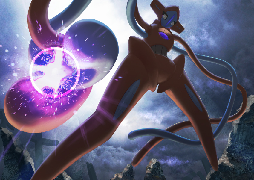 absurdres black_eyes clouds cloudy_sky commentary_request deoxys deoxys_(normal) deraken energy_ball from_below highres legs_apart looking_at_viewer outdoors pokemon pokemon_(creature) sky solo tentacles
